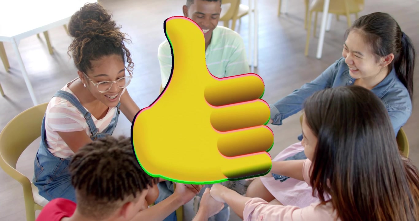 Five peers leaning stacking hands for team in school, yellow thumbsup glitching over hands