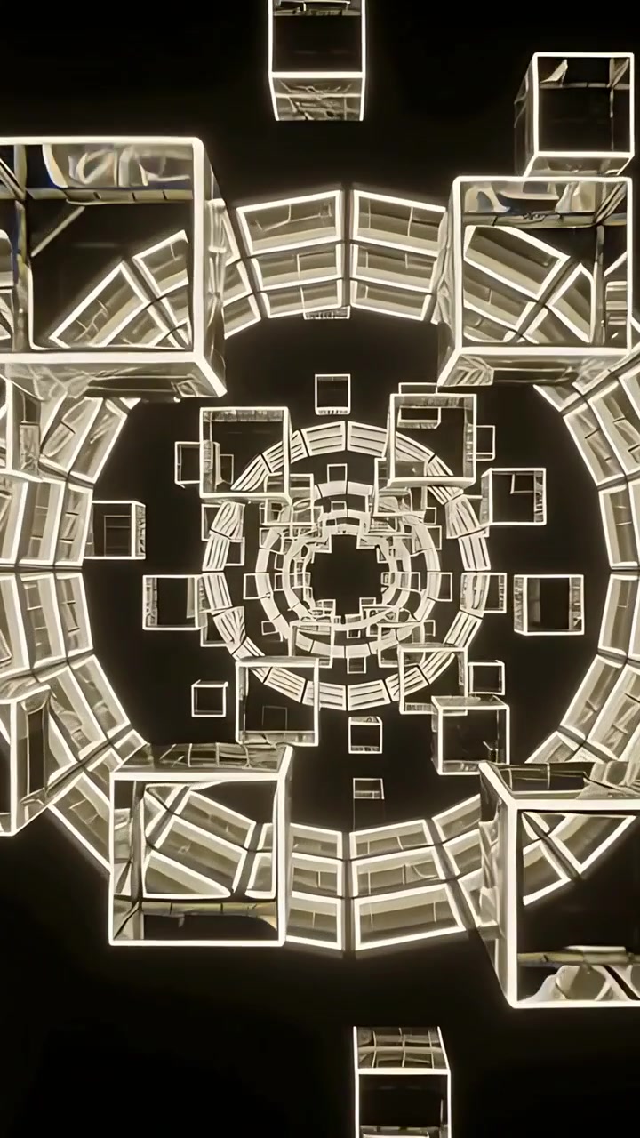 Video verticale: Telecamera che si inclina mostrando anelli luminosi appesi che si muovono verso l'interno in una galleria per mostrare la profondità del tunnel