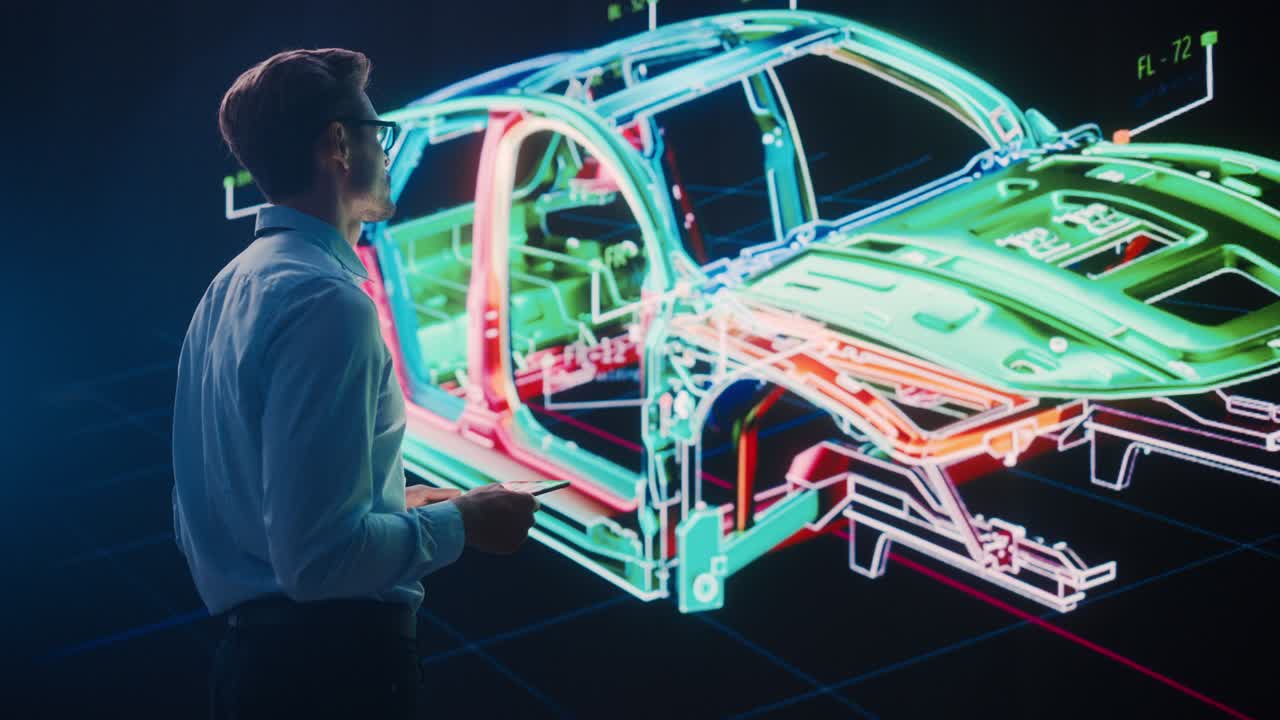 startup innovadora de energía verde: ingeniero masculino que diseña un automóvil eléctrico utilizando una tableta y una gran pantalla de pared para analizar el prototipo. concepto para un vehículo sostenible de emisiones cero carbono neutral