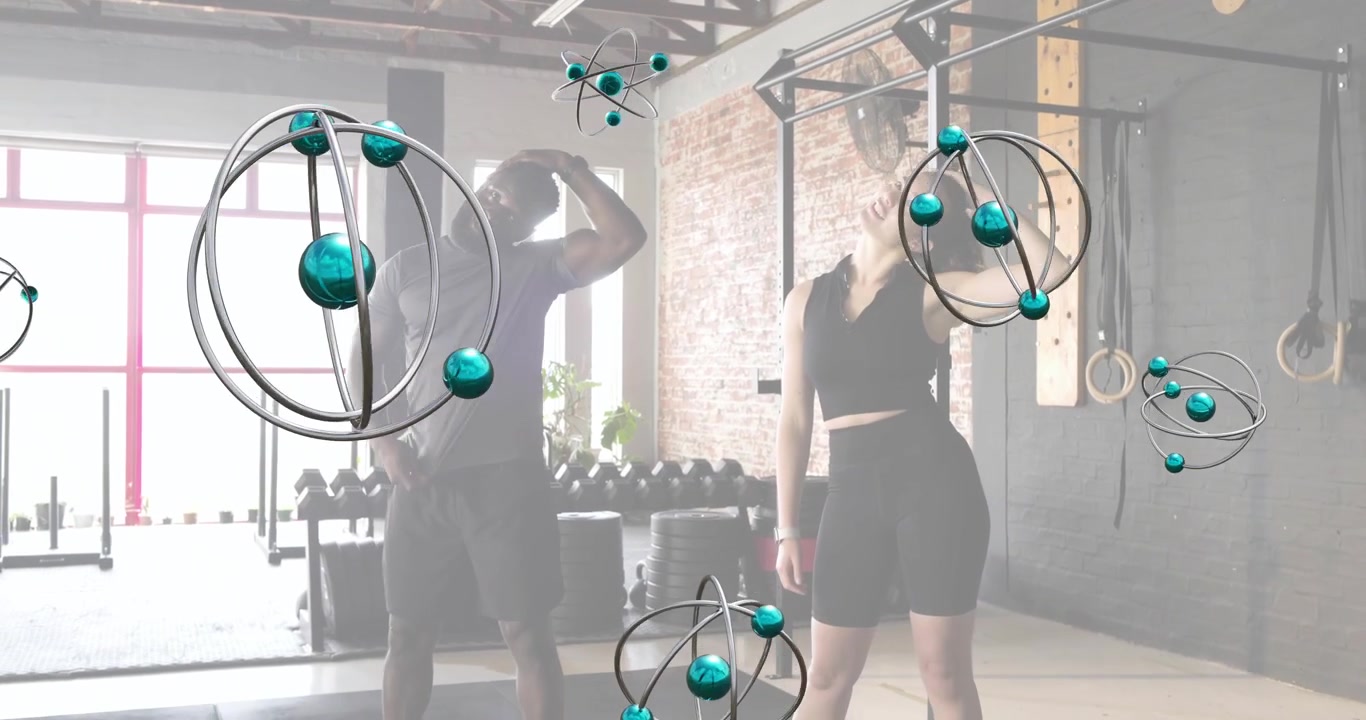 Fitness instructors starting warm-up on mat, stretching necks while animated arrows show tilts