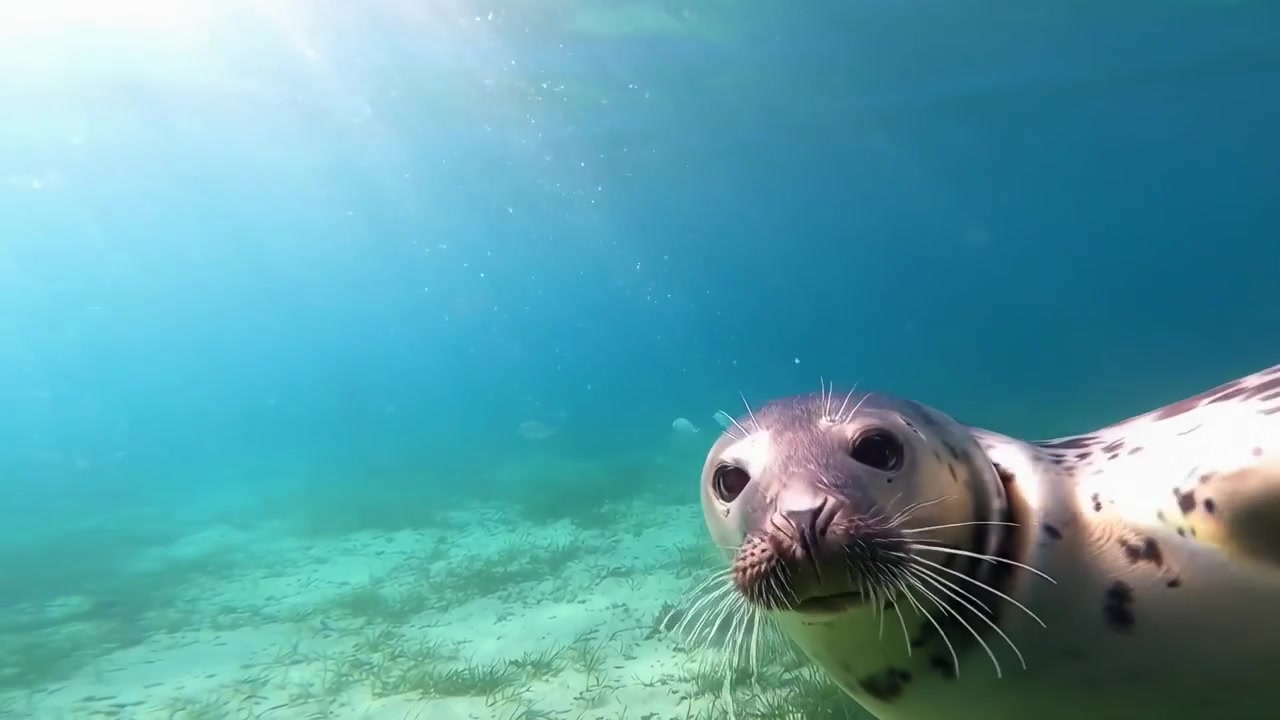 Foca maculata che nuota sott'acqua in acqua oceanica limpida