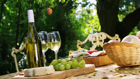 wine bottle, grapes and cheese kept on table