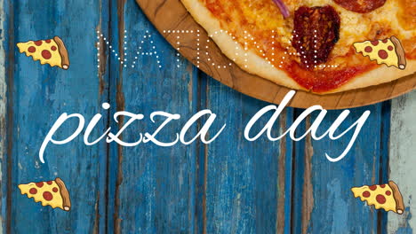 animation of pizza icons and national pizza day text over fresh pizza