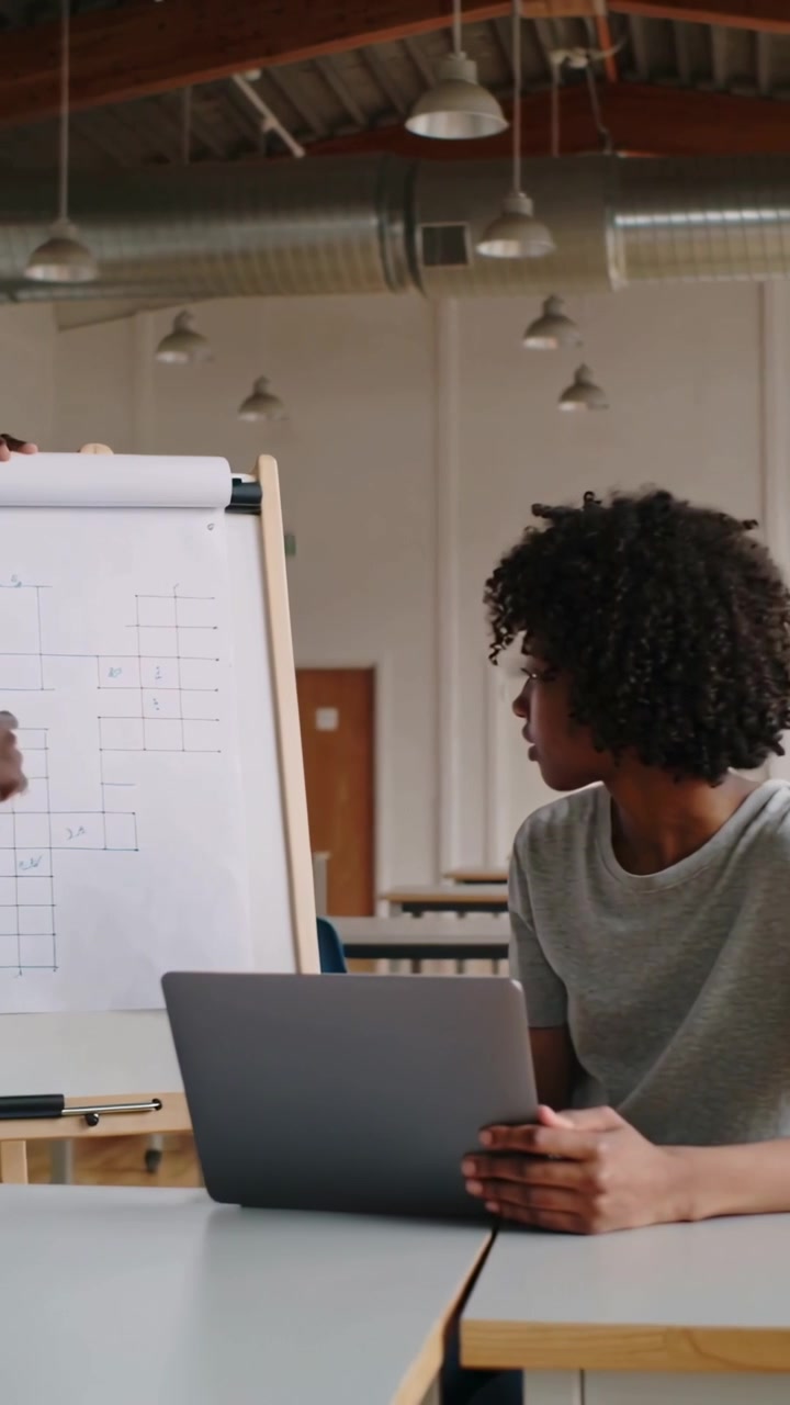 Video verticale: Studente con maglietta grigia che reagisce all'insegnante che indica, girandosi verso il grafico con un laptop in classe.