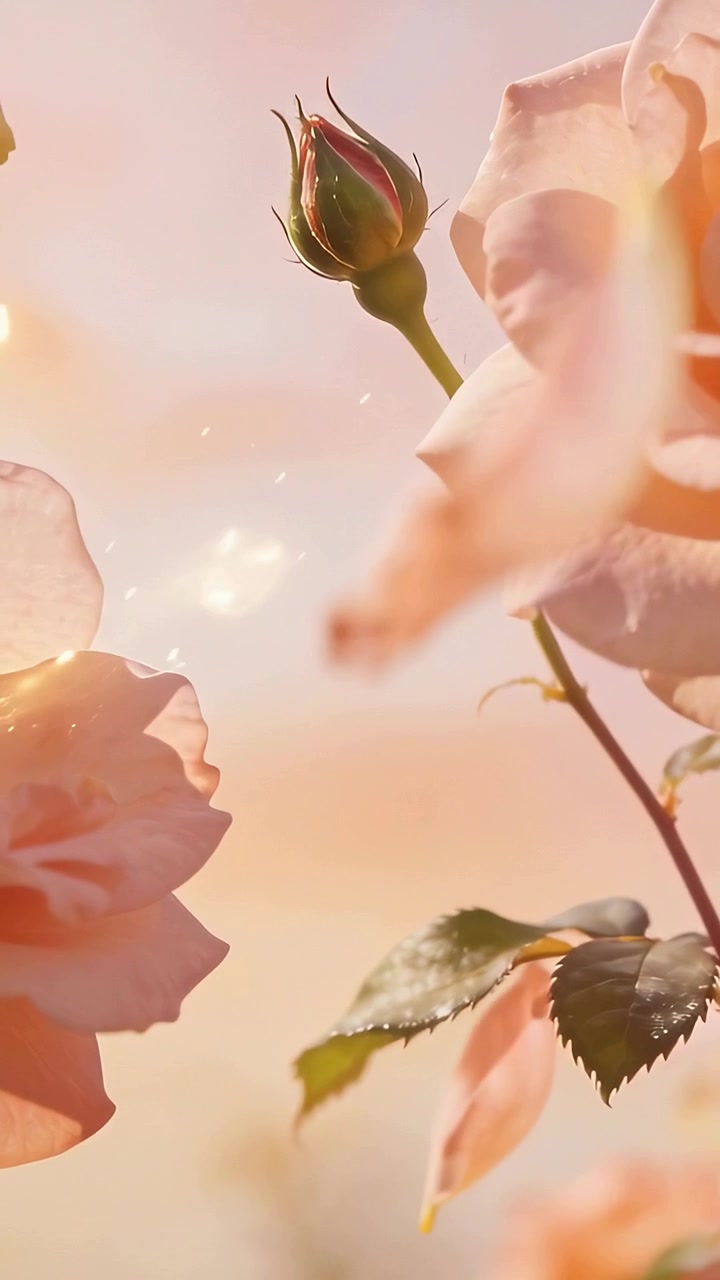 Video verticale: Una leggera brezza che muove lo stelo di una rosa color pesca rivelando un bocciolo stretto in giardino.