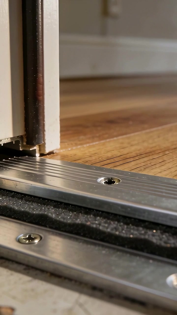 Vertical video: Pulling camera revealing metal door threshold at home entry to show seam and seal