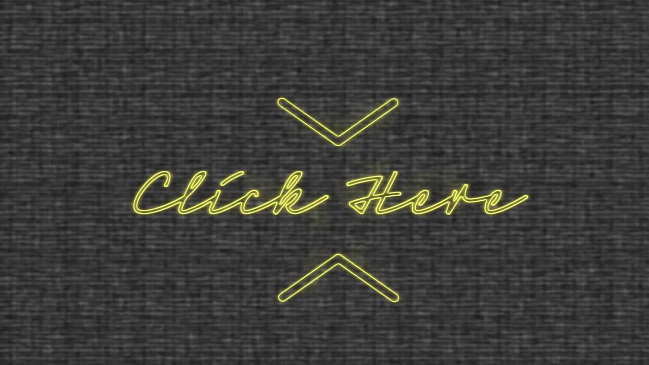 반 ⁇ 이는 노란색 네온 텍스트의 애니메이션, 여기를 클릭하세요, 회색 텍스처 배경 위에