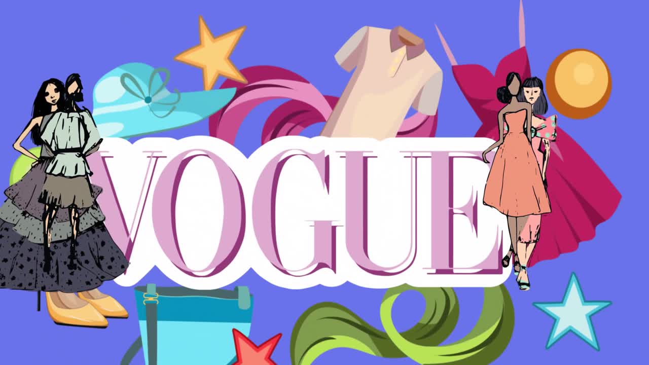 Animazione del testo 'vogue' e icone di modelli su icone di vestiti, su sfondo blu