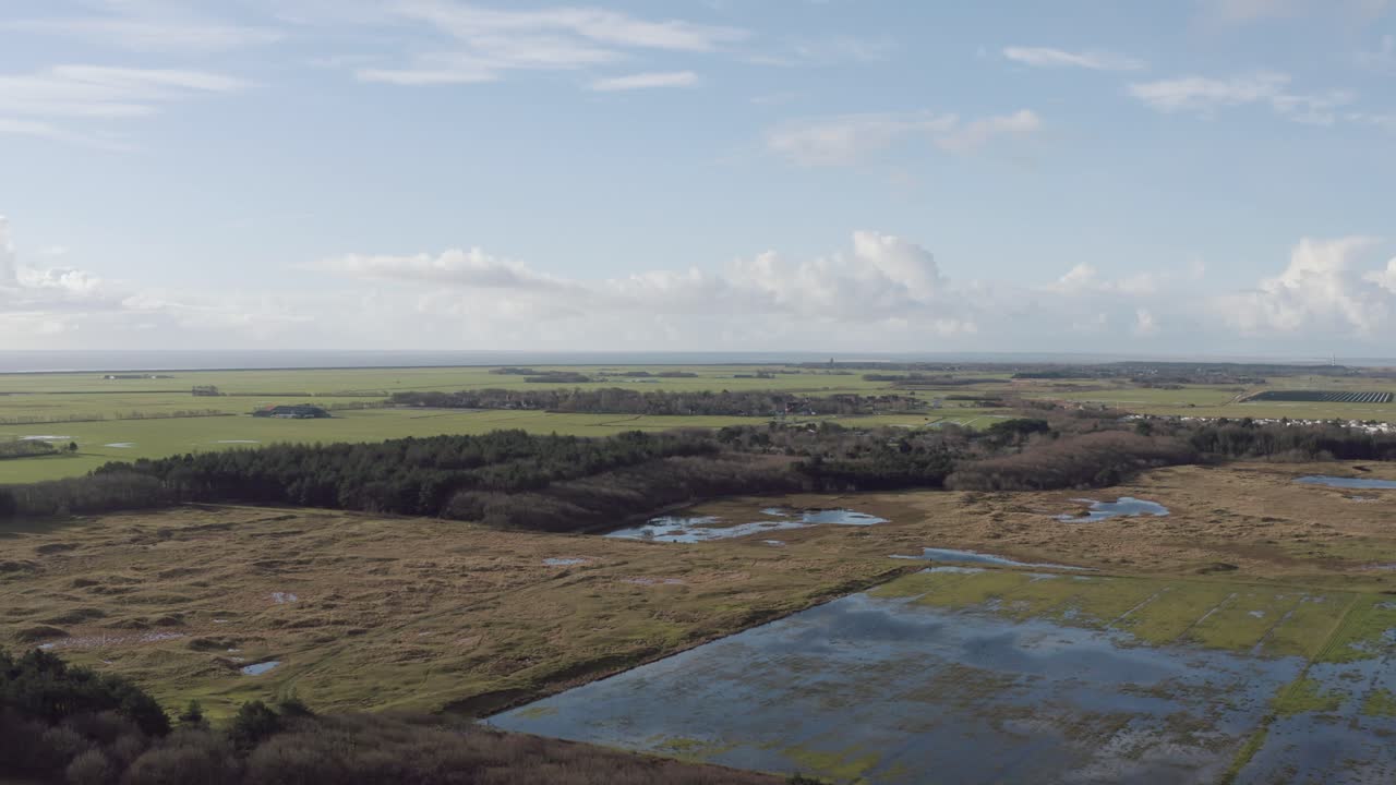 vista aérea sobre campos agrícolas anegados en la isla holandesa