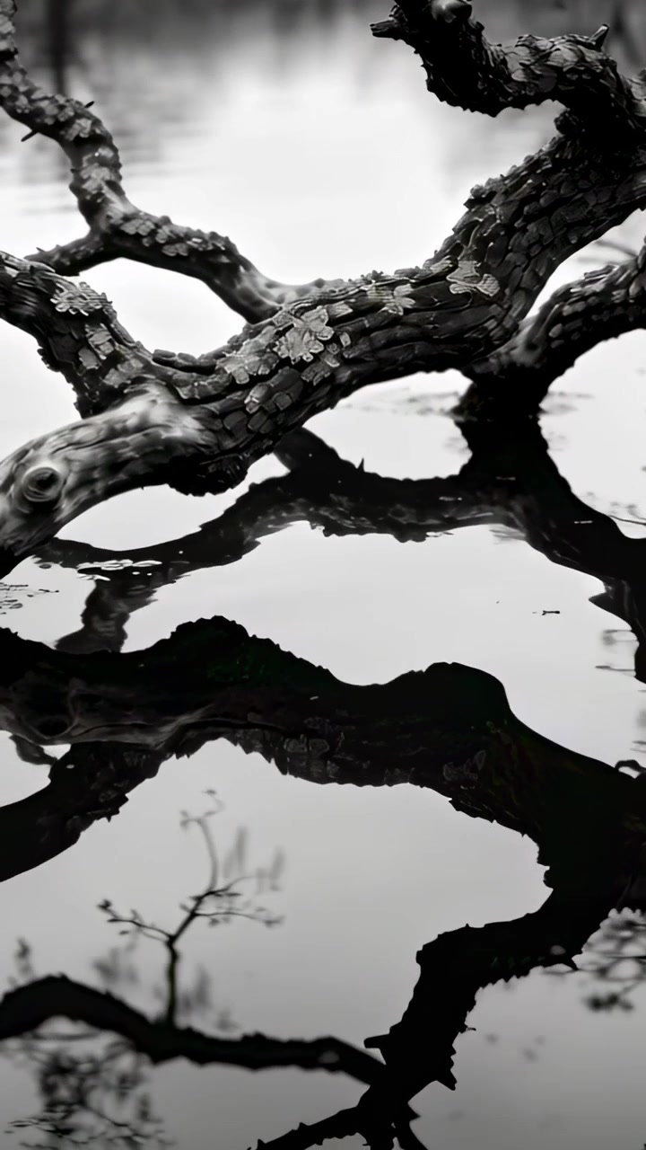 Video verticale: Panoramica della telecamera che rivela un ramo d'albero nodoso sopra uno stagno, con increspature che alterano il riflesso.