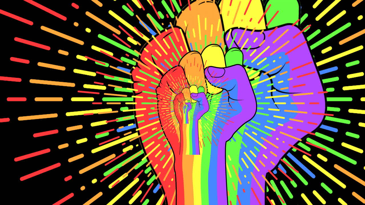 animación del puño del arco iris y las rayas del arco iris sobre fondo negro