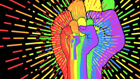 animación del puño del arco iris y las rayas del arco iris sobre fondo negro
