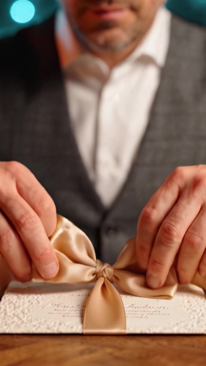 Primo piano di un uomo che lega abilmente un nastro su un regalo splendidamente incartato, mostrando attenzione ai dettagli e la gioia dei momenti di fare regali.