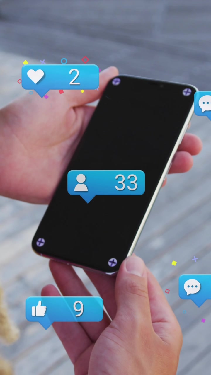 Animation of social media icons with numbers over man using smartphone