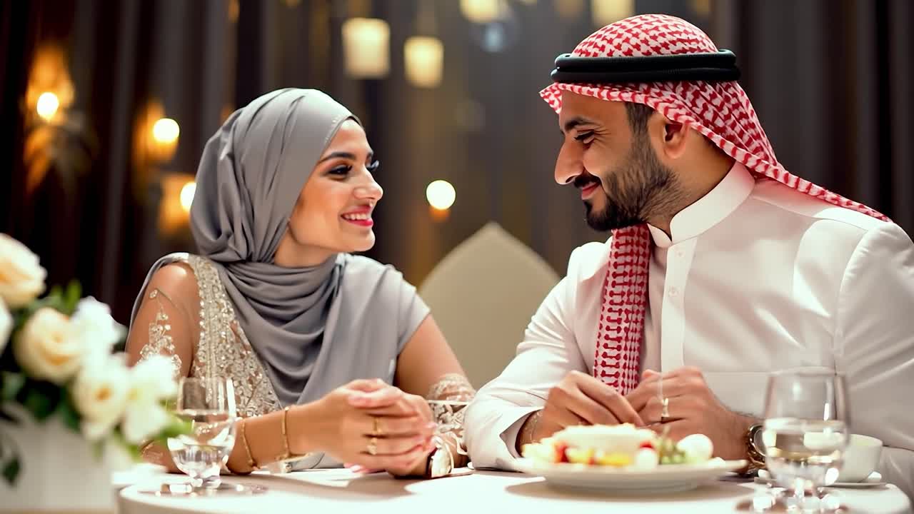 una pareja sonriente con trajes tradicionales comparte una cena romántica en un elegante restaurante, disfrutando de la compañía del otro