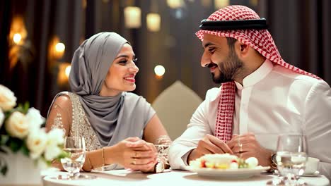 smiling couple in traditional attire share a romantic dinner at an elegant restaurant, enjoying each other's company