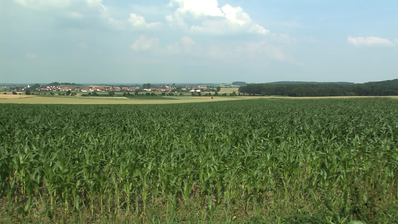 toma panorámica a través del típico paisaje bávaro con campos y pueblo de adelshausen en la parte de atrás, baviera, alemania-1