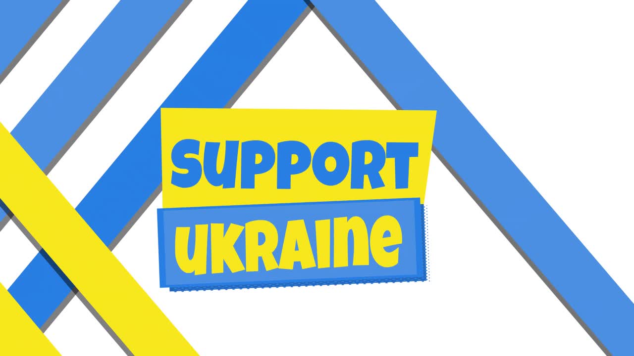 Animation of support ukraine text over blue and yellow stripes