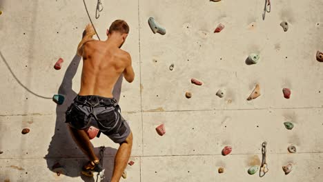 A-brunette-rock-climber-guy-in-gray-pants-with-a-sculpted-back-climbs-up-and-climbs-the-climbing-wall-on-a-sunny-summer-day.-Climber-guy-training-to-climb-rocks-using-a-training-structure-for-rock-climbers-in-the-summer