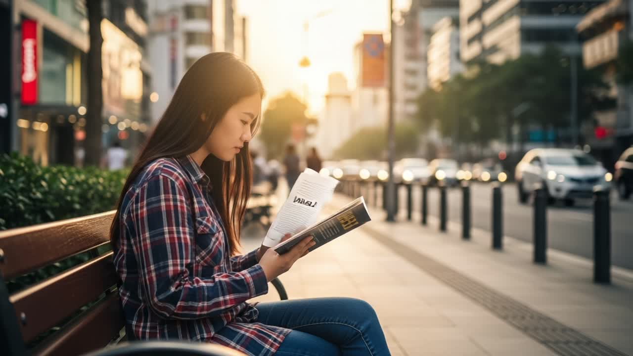 A Young Woman Engrossed in a Book While Sitting on a Park Bench, Enjoying the Warm Glow of Sunset Amidst a Bustling Cityscape