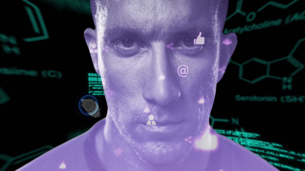 animación de la cabeza del hombre, fórmulas químicas y datos en fondo negro.