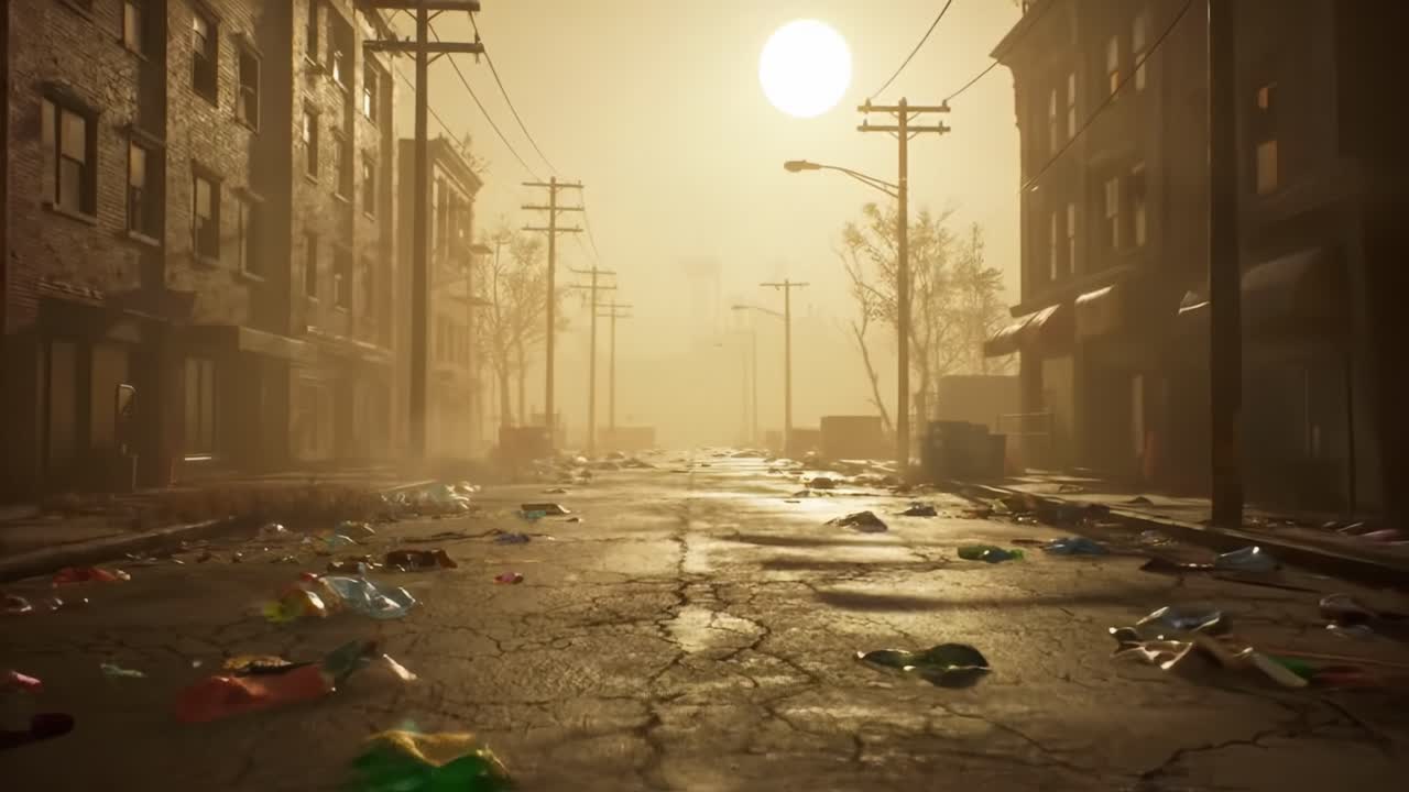 A desolate urban street bathed in the warm glow of a setting sun, with debris scattered across the cracked pavement and empty buildings lining the sides, creating a haunting atmosphere