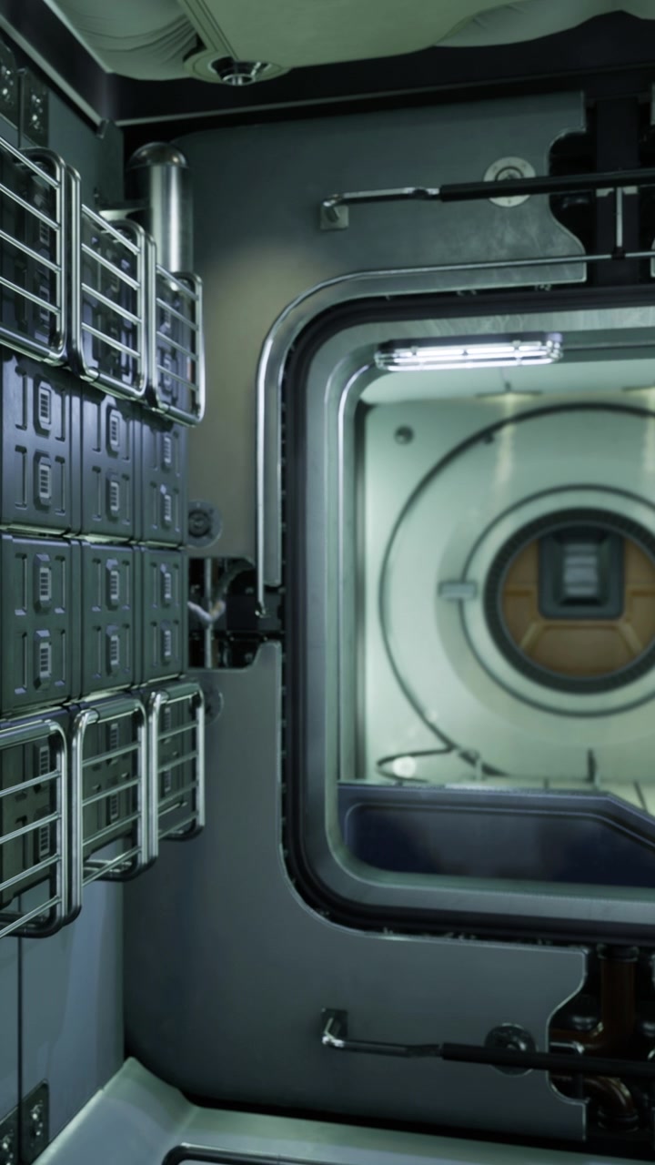 Vista del interior de una nave espacial destacando una escotilla circular y almacenamiento