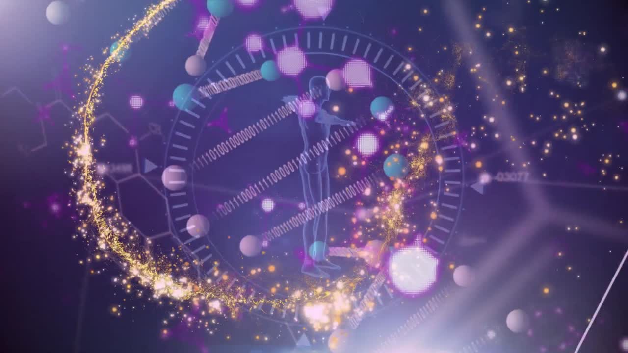 보라색 배경에 회전하는 인체 모델 위에 움직이는 불빛의 애니메이션