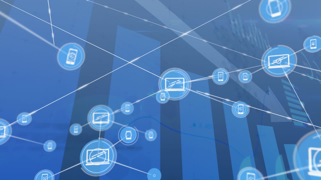 연결 네트워크를 통해 하향 화살표로 금융 데이터 처리의 애니메이션