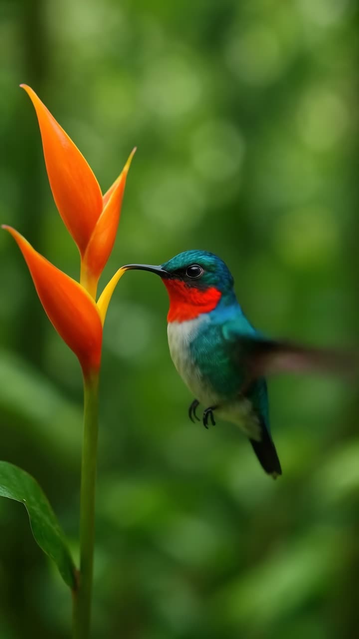 Primo piano di un colibrì vivace che si libra vicino a un fiore arancione, ripreso di lato.