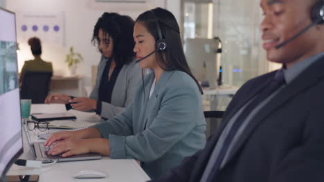 Call-center,-team-and-typing-on-computer