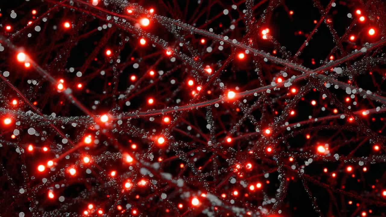 Captivating Visual of Illuminated Network - An Abstract Exploration of Red and White Light Dots Entwined in a Web-Like Structure Glowing Against a Dark Background