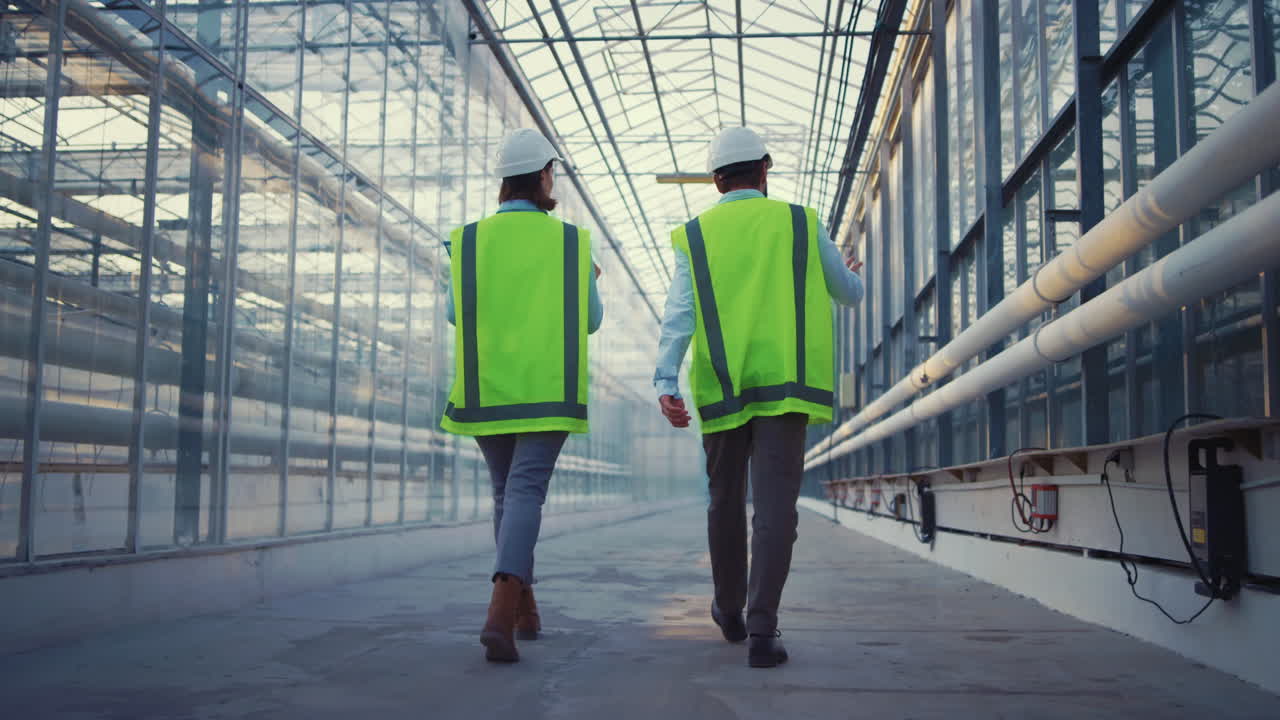 Engineers discussing problem walking in glasshouse analysing production process