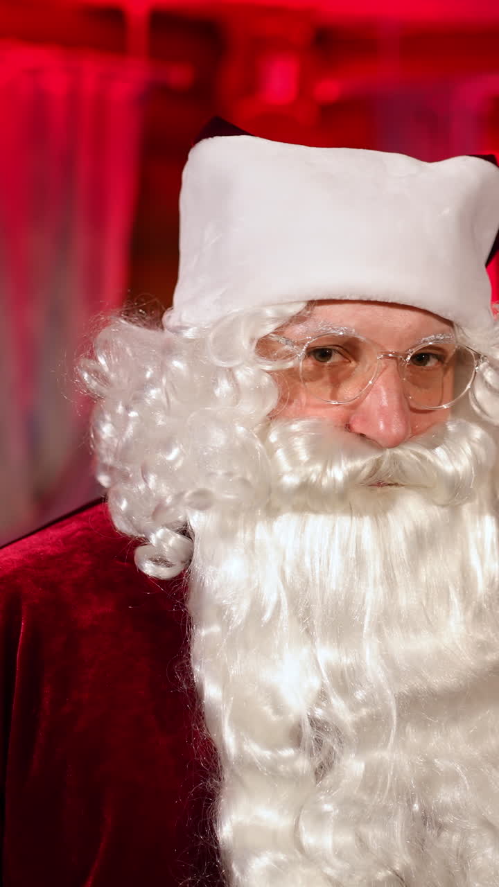 Portrait of Santa Claus in the living-room. Kind old bearded saint Nicholas wearing glasses looking at camera on the background of Christmas tree with garlands. Vertical video