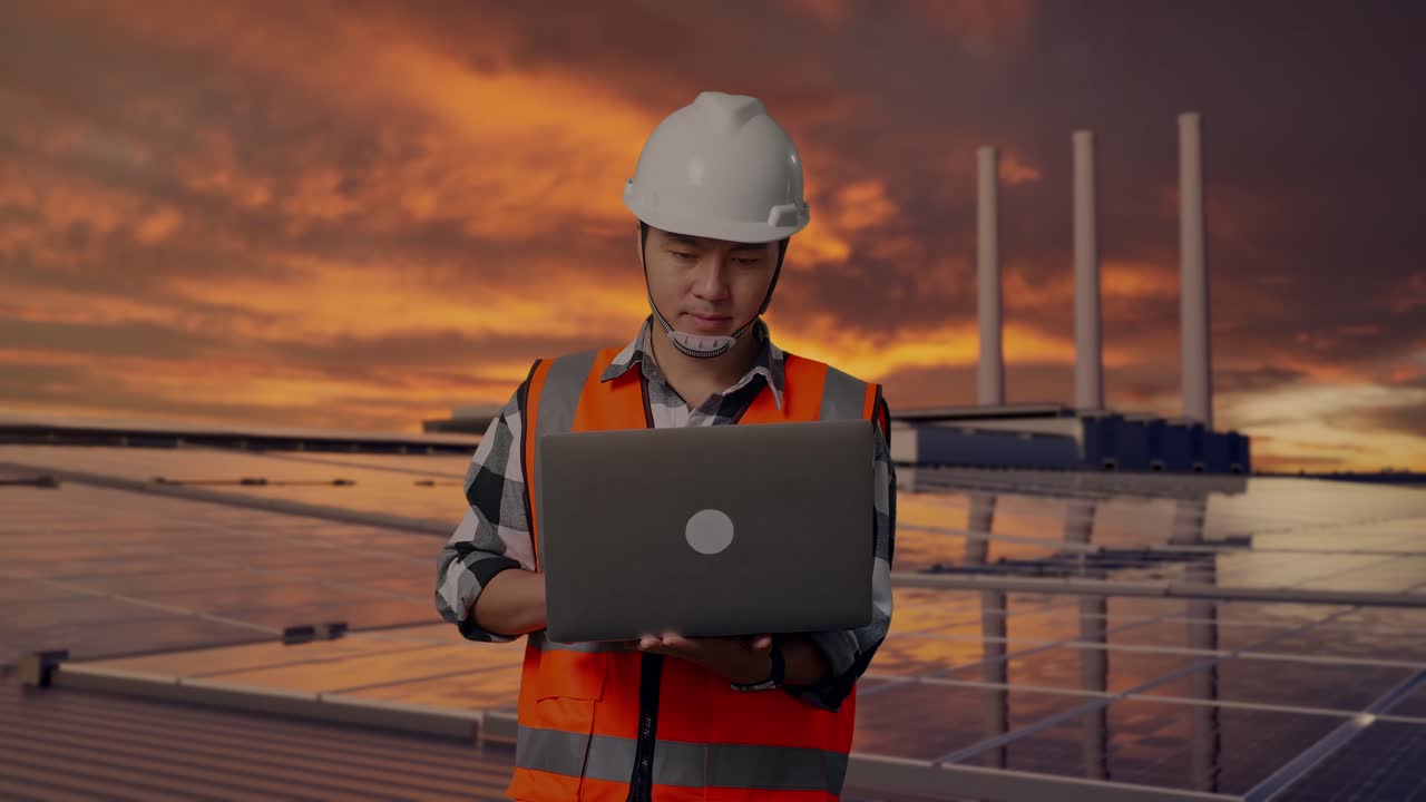 Insinyur Pria Asia Dengan Helm Pengaman Bekerja Dengan Laptop Sambil Berdiri, Memeriksa Panel Surya di Atap Saat Matahari Terbenam.