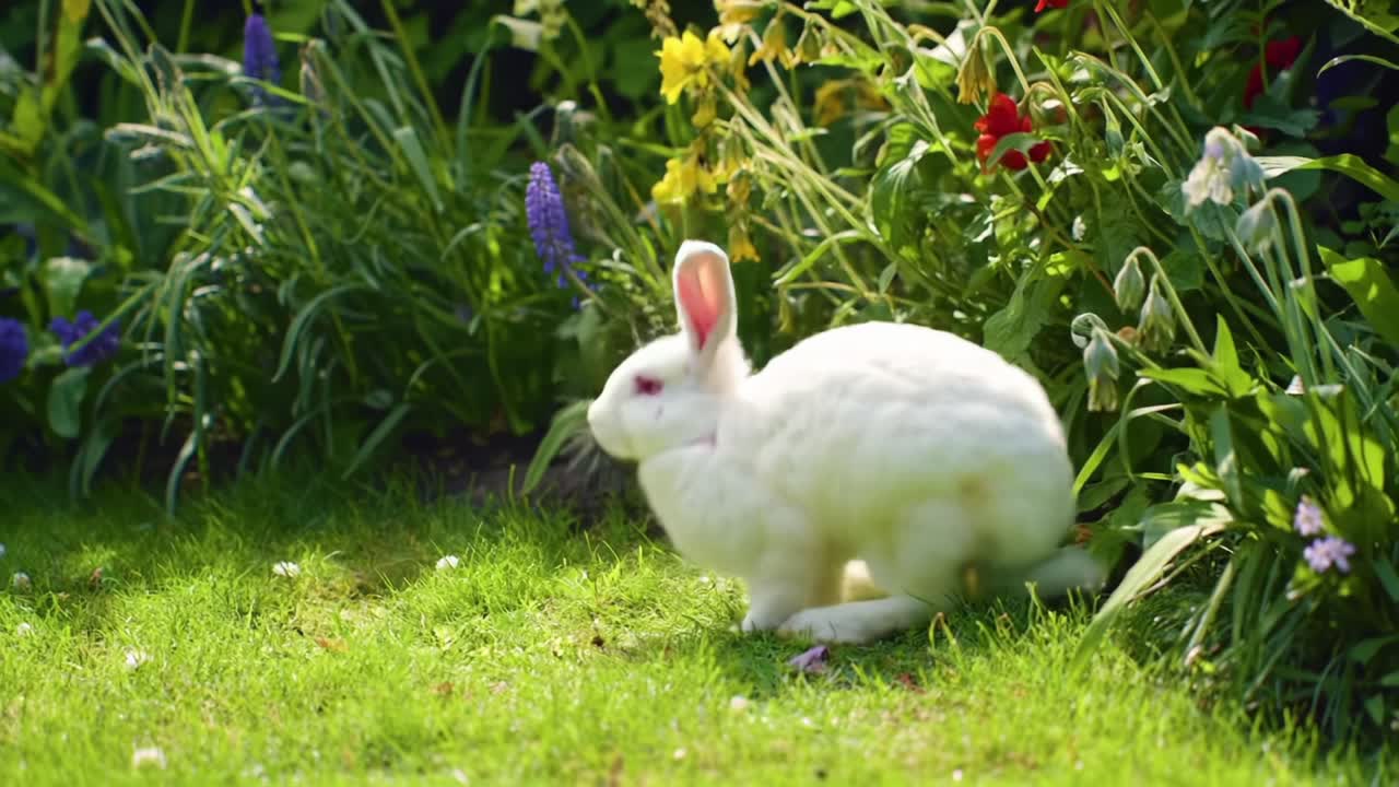 A Playful White Rabbit Explores a Lush Flower Garden, Bouncing Between Colorful Blooms and Fresh Green Grass in a Beautiful Nature Setting