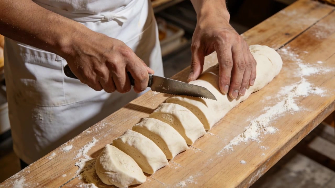 Cutting baker in white apron at bench, beginning cut, slicing dough log with knife for baking