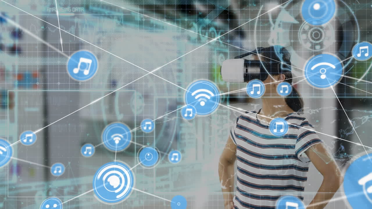 vr 헤드 ⁇ 을 착용한 사업가 여성에 대한 아이콘과 연결 네트워크의 애니메이션