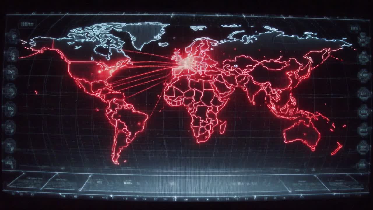 Dynamic Global Mapping of Data Connections Displaying Evolving Information Across Continents in Red Highlights Showcasing Interactive Network Analysis