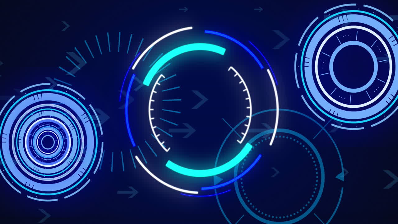 Animation of multiple neon round scanners and arrow icons moving against blue background