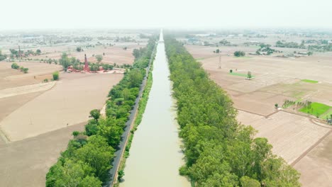 River-runs-through-farming-land-near-by-a-small-village