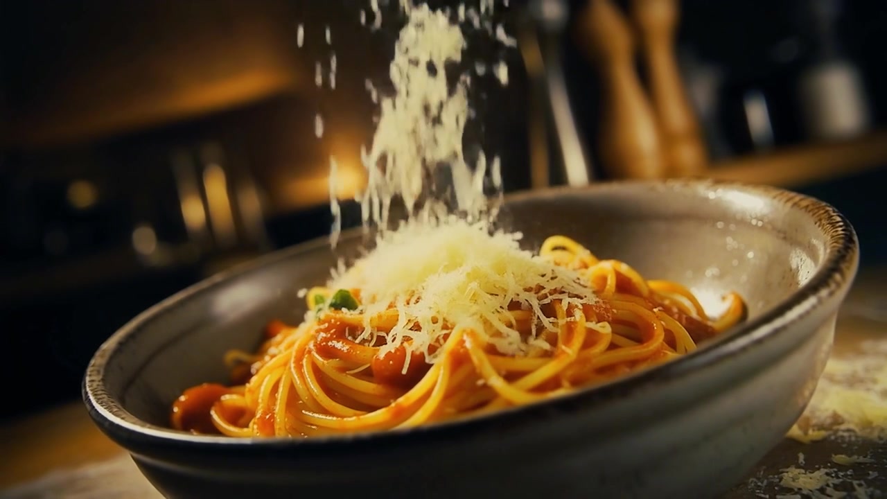 Parmigiano grattugiato che cade su spaghetti freschi