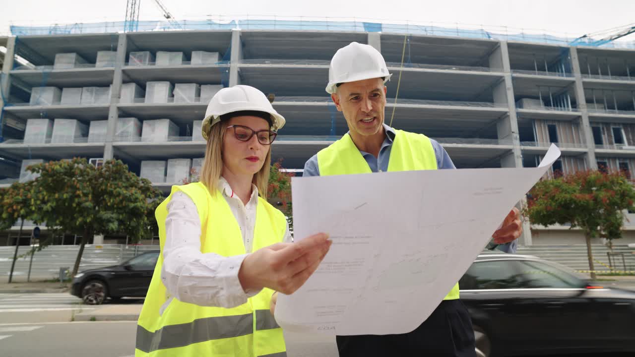Construction Workers Reviewing Blueprints on Site