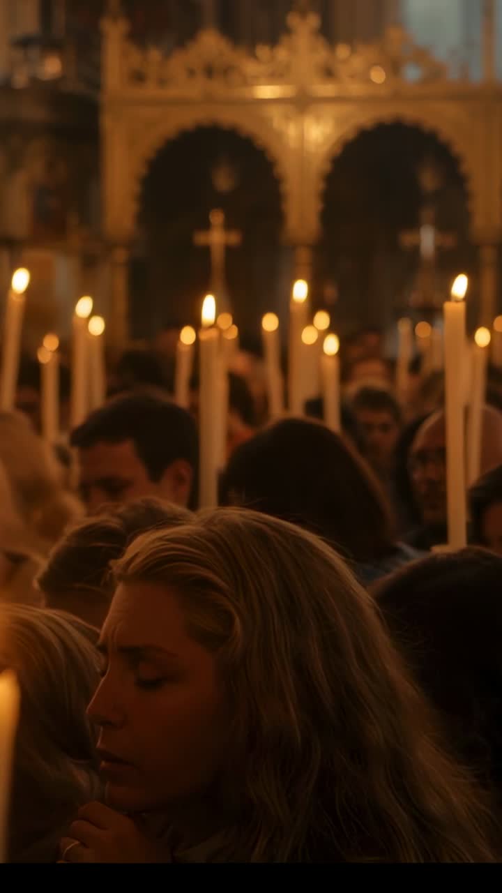 Video verticale: panoramica di una donna bionda che prega con una candela accesa in una cappella, rivelando l'iconostasi