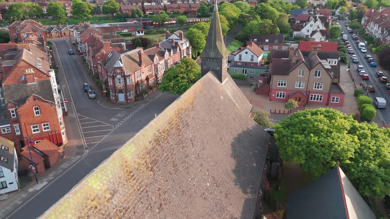 Historic St Peter's Church in Sheringham seen from above on a sunny spring day