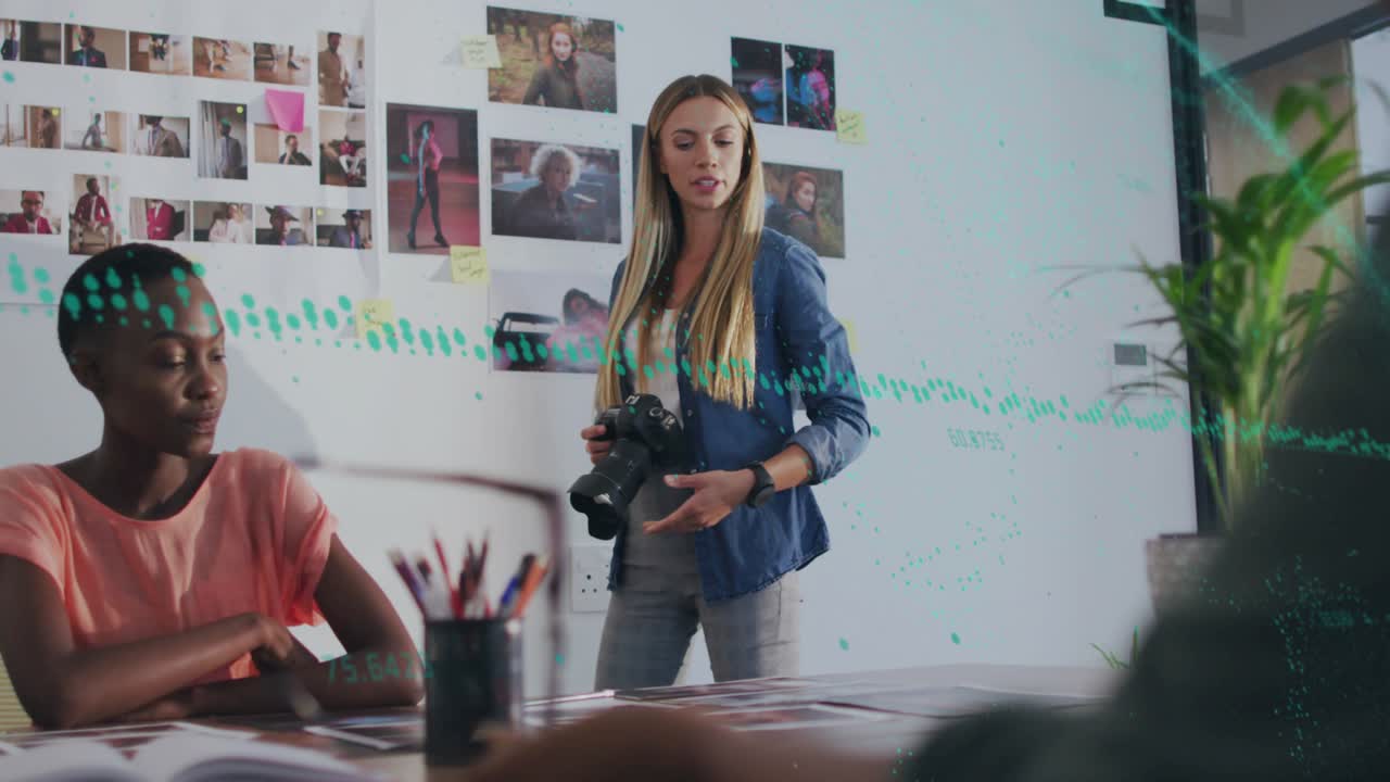 Photographer entering studio and explaining ideas with animated arrows pointing at mood board