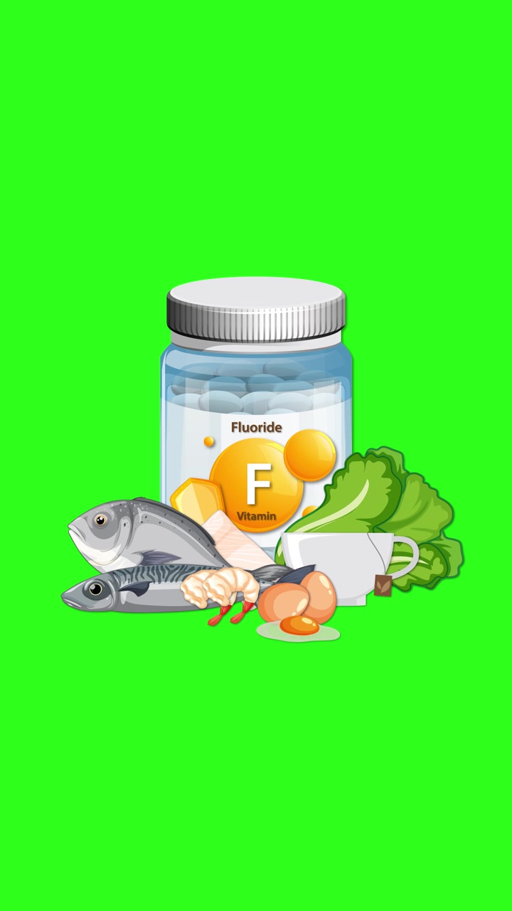 Flacone di integratore di fluoro con pesce, uova, verdure e tè appare su uno sfondo verde brillante.