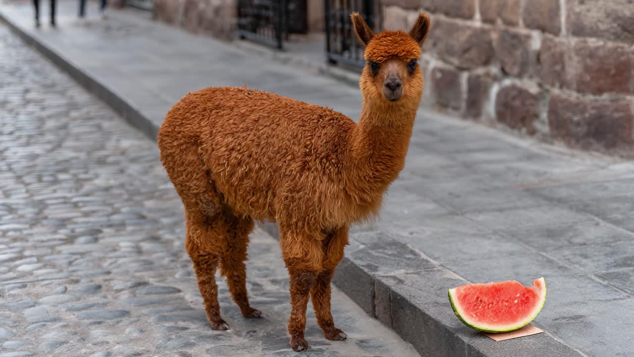 Curious Alpaca Enjoys a Refreshing Slice of Watermelon on a Cobblestone Street, Capturing the Charm of a Playful Encounter with Nature