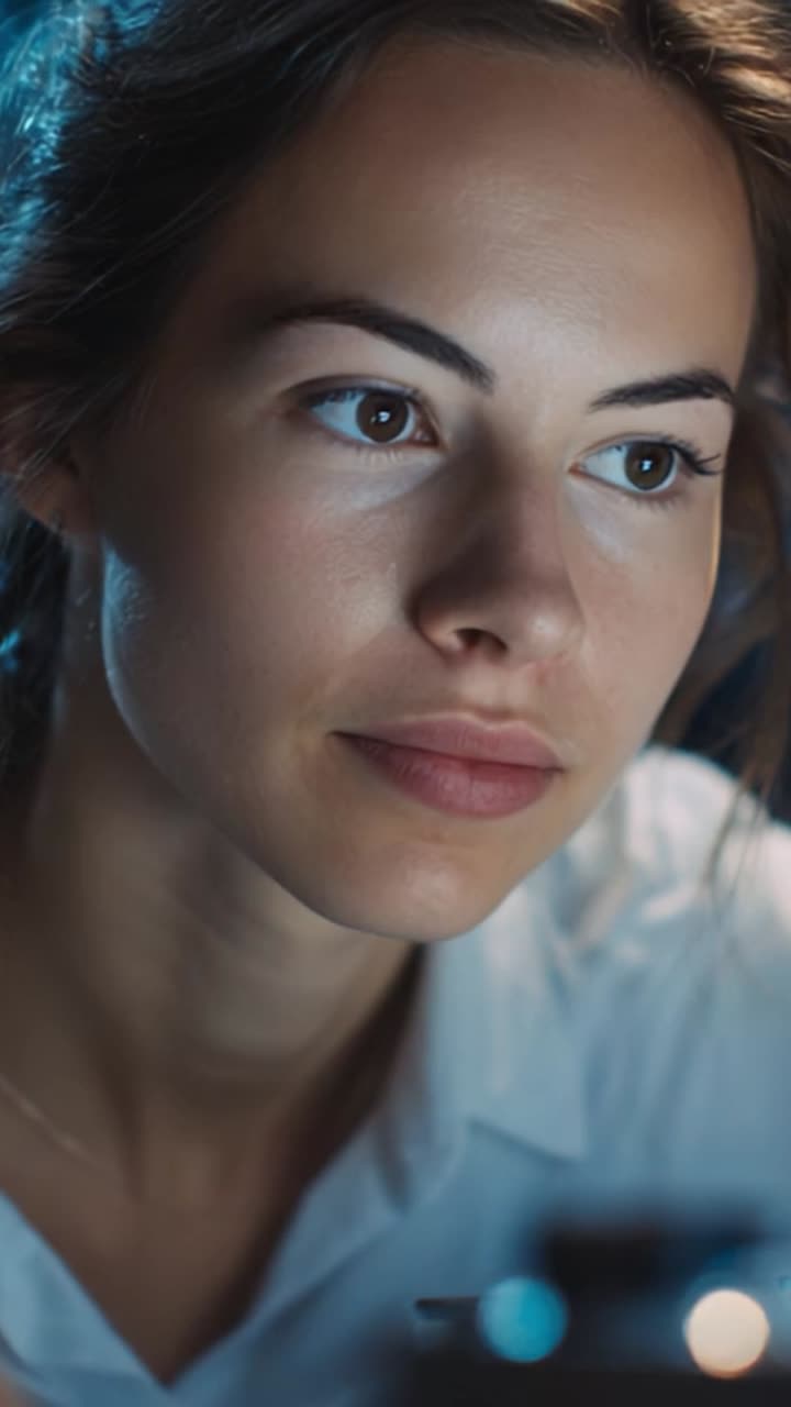 A focused young woman gazes intently with curiosity and determination, deeply engaged in her work, showcasing concentration and calmness illuminated by ambient lighting