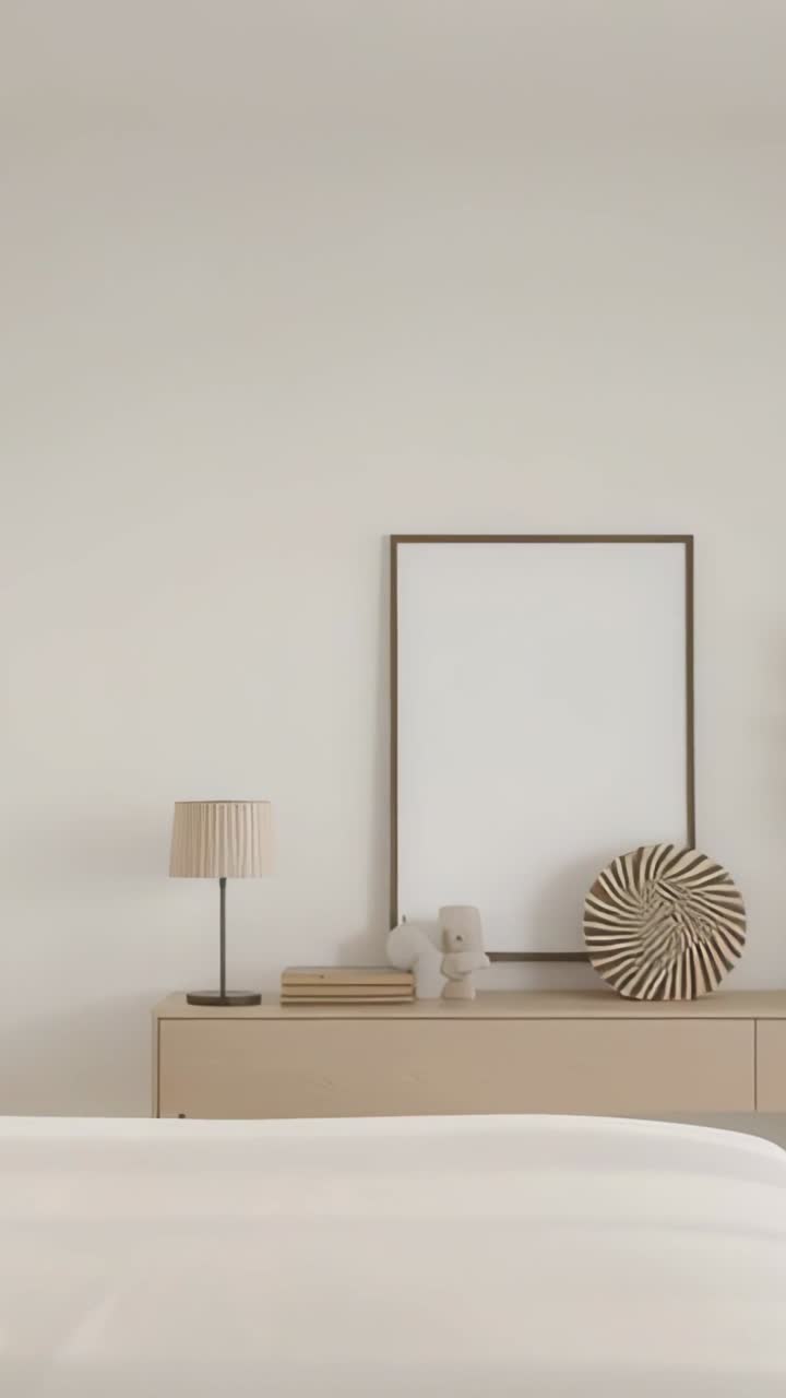 Vertical video: Camera tilting from bed revealing dresser with lamp books frame sculpture accent